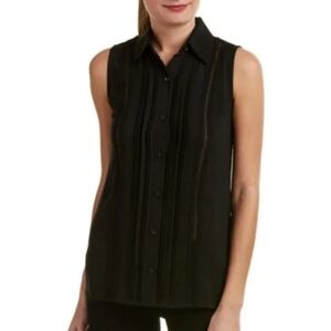 Cabi | ‘Jagger’ Black Tuxedo Pin-Tuck Pleated Button Up Sleeveless Top S